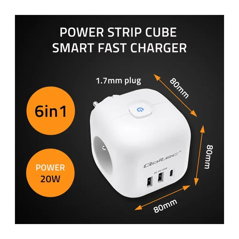 Kostka zasilająca Qoltec przedłużacz 6w1 z podświetlanym włącznikiem | 3x