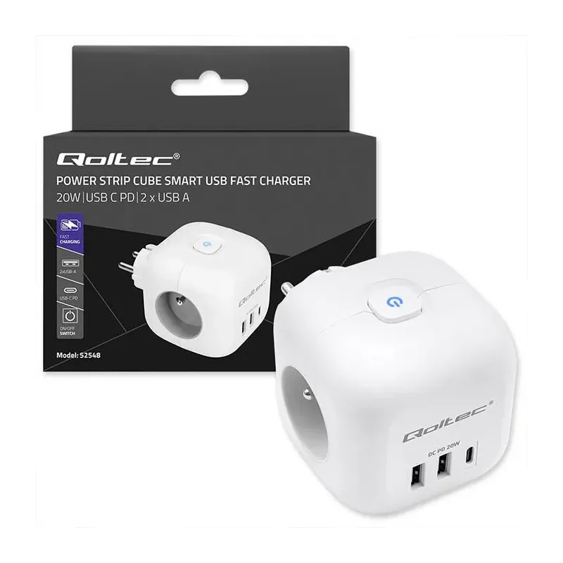 Kostka zasilająca Qoltec przedłużacz 6w1 z podświetlanym włącznikiem | 3x