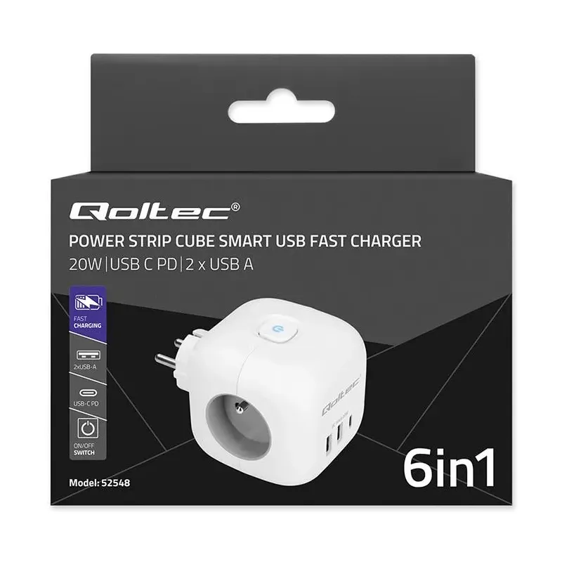 Kostka zasilająca Qoltec przedłużacz 6w1 z podświetlanym włącznikiem | 3x