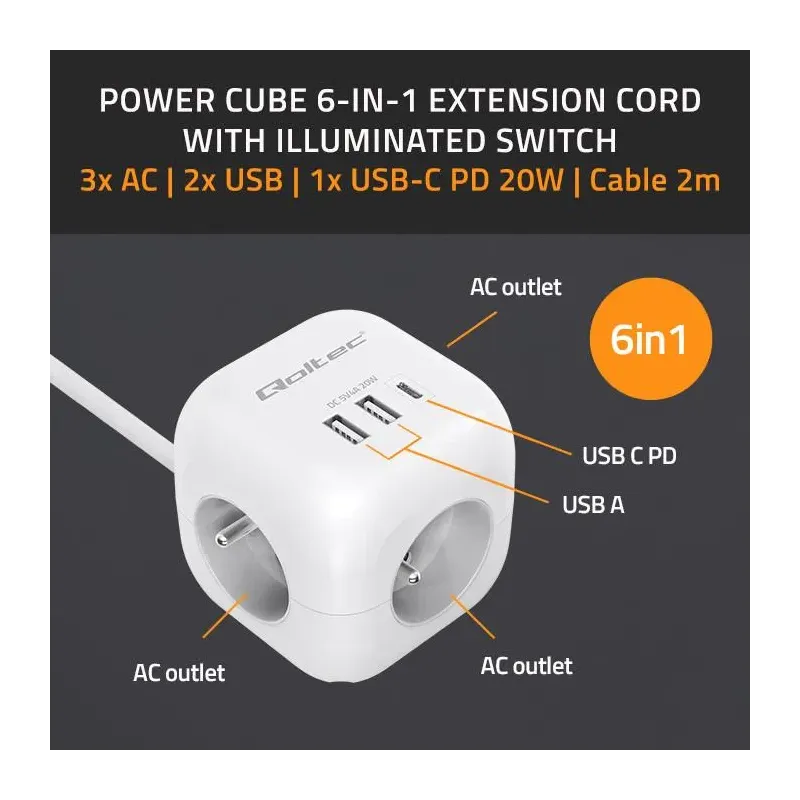 Kostka zasilająca Qoltec przedłużacz 6w1 z podświetlanym włącznikiem | 3x