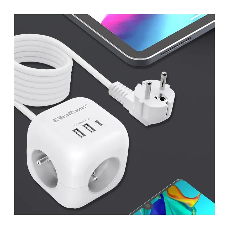 Kostka zasilająca Qoltec przedłużacz 6w1 z podświetlanym włącznikiem | 3x