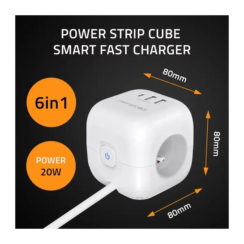 Kostka zasilająca Qoltec przedłużacz 6w1 z podświetlanym włącznikiem | 3x