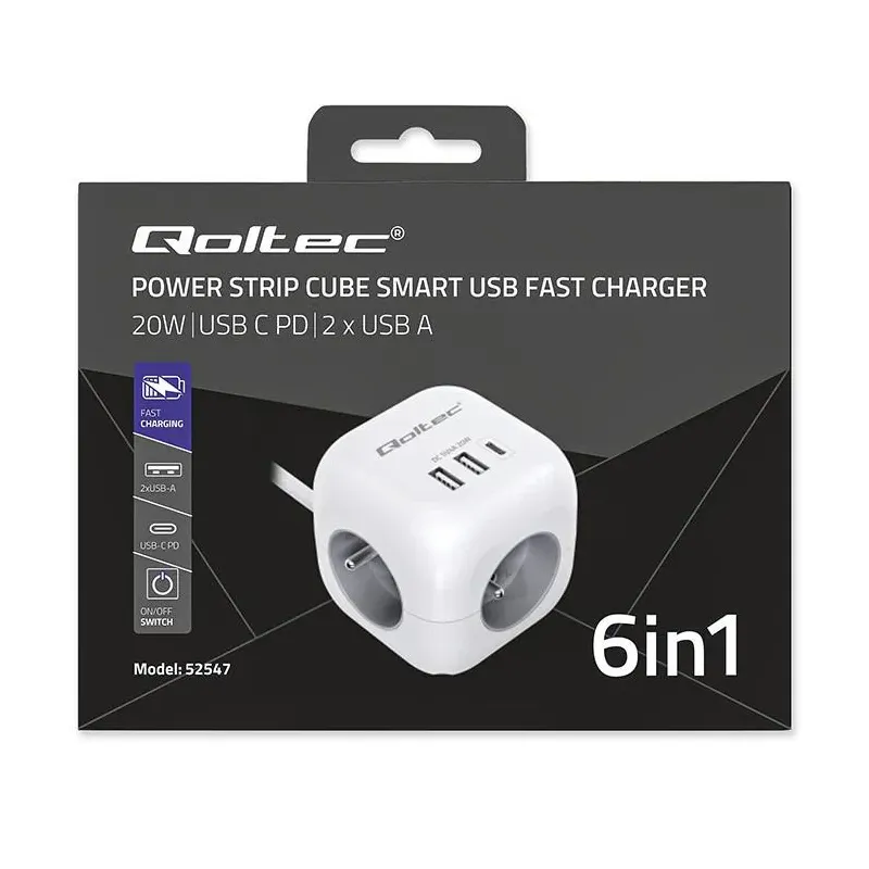 Kostka zasilająca Qoltec przedłużacz 6w1 z podświetlanym włącznikiem | 3x