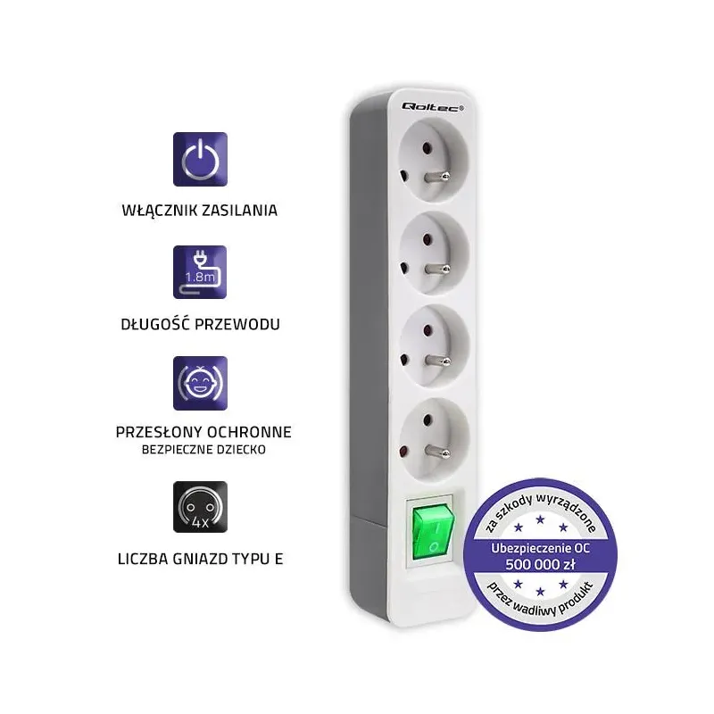 Listwa zasilająca Qoltec 4 gniazda | 1.8m | Biało-szara