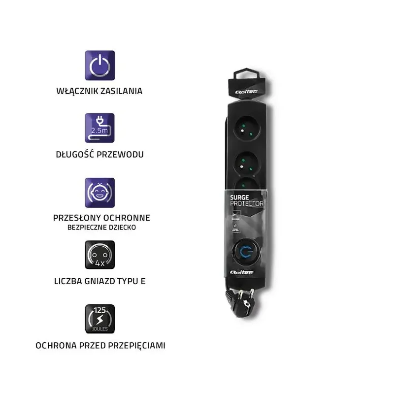 Listwa zasilająca antyprzepięciowa Qoltec | 4 gniazda | 2,5m