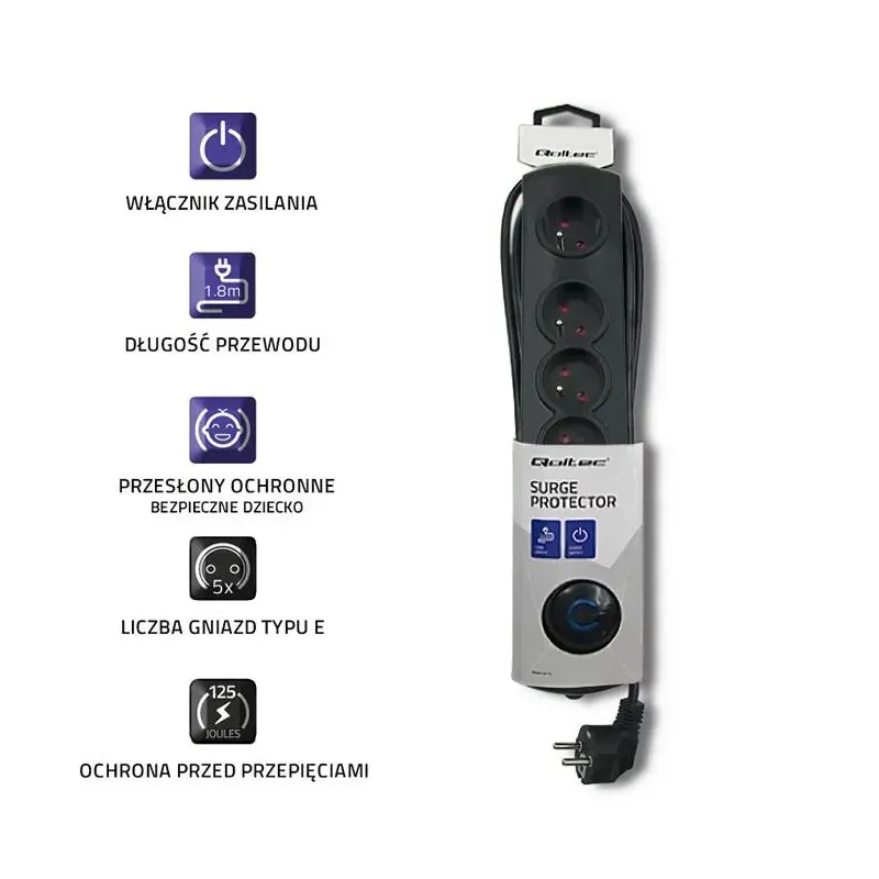 Listwa zasilająca antyprzepięciowa Qoltec | 5 gniazd | 1,8m | czarna
