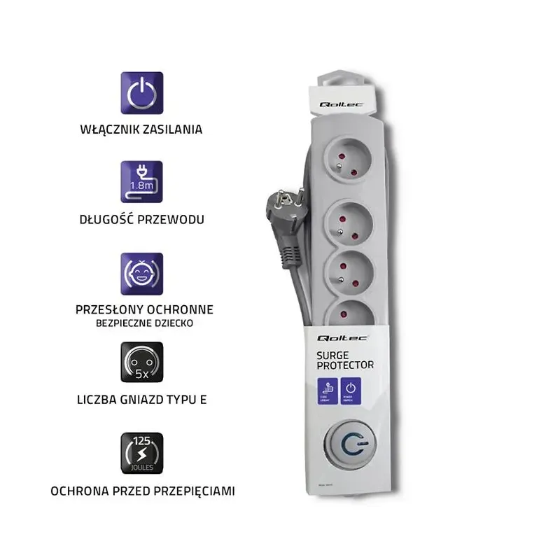 Listwa zasilająca antyprzepięciowa Qoltec | 5 gniazd | 1,8m | szara