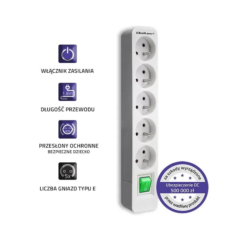 Listwa zasilająca Qoltec 5 gniazd | 1.8m | Biało-szara