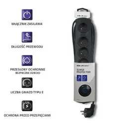 Listwa zasilająca antyprzepięciowa Qoltec | 5 gniazd | 3m | czarna