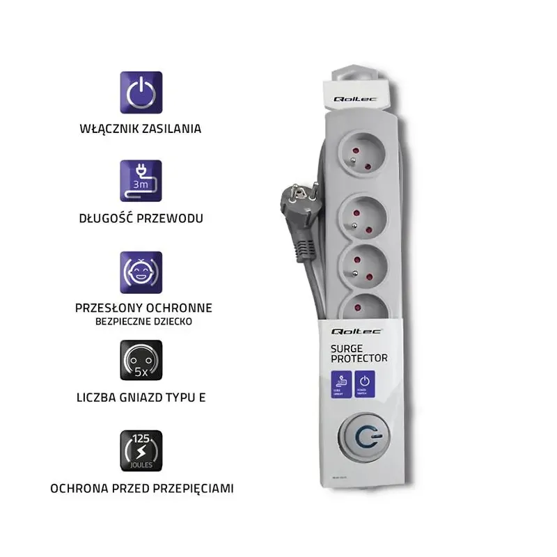 Listwa zasilająca antyprzepięciowa Qoltec | 5 gniazd | 3m | szara