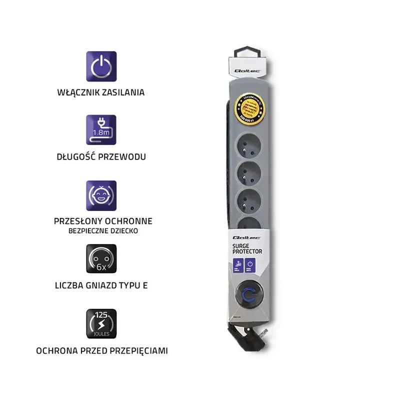 Listwa zasilająca antyprzepięciowa Qoltec Quick Switch | 6 gniazd | 1,8m |