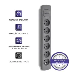 Listwa zasilająca Qoltec 6 gniazd | 1.8m | Szara
