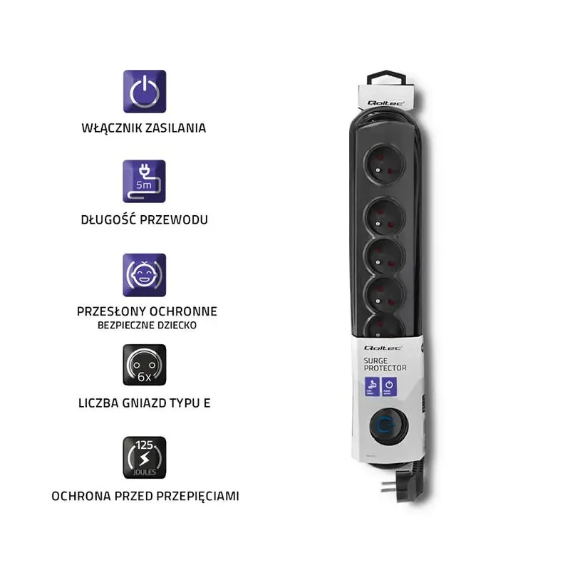 Listwa zasilająca antyprzepięciowa Qoltec | 6 gniazd | 5m | Czarna