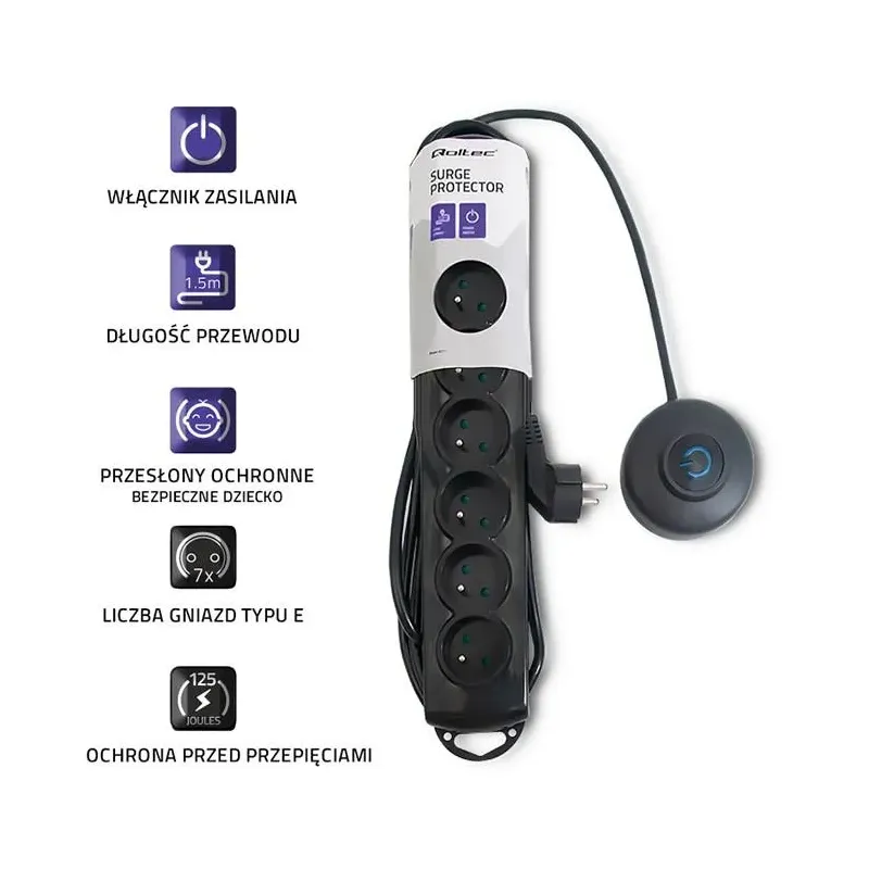 Listwa zasilająca antyprzepięciowa Qoltec z wyłącznikiem nożnym | 7 gniazd