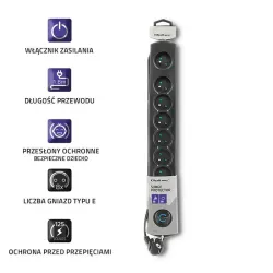 Listwa zasilająca antyprzepięciowa Qoltec 8 gniazd 1,8m