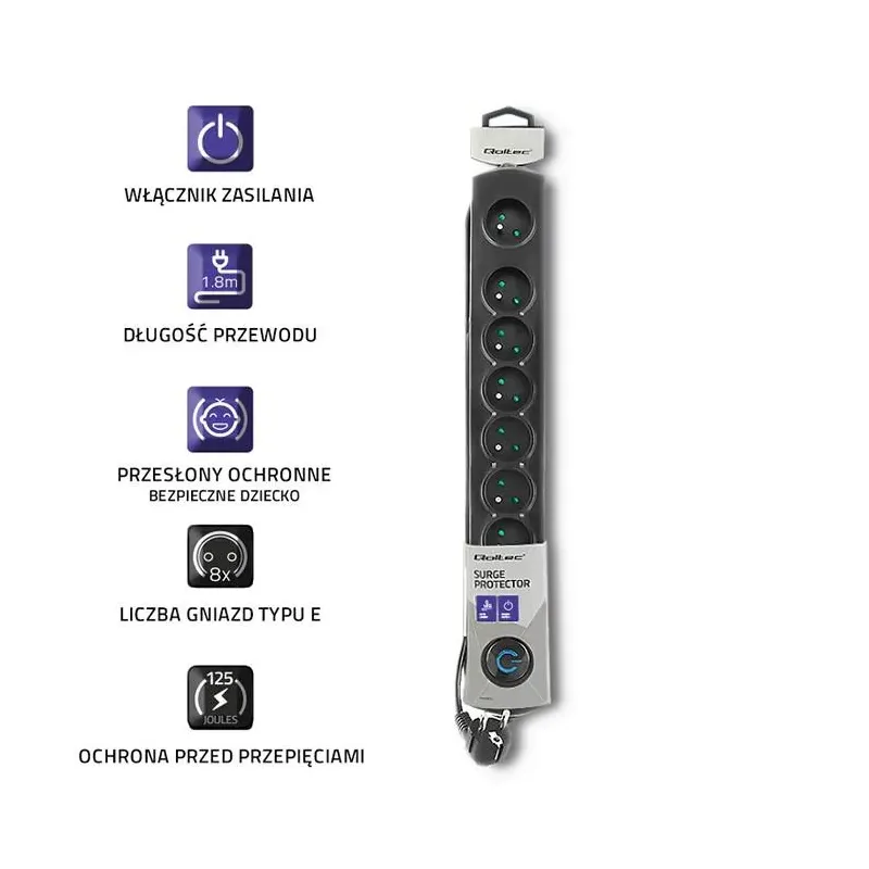 Listwa zasilająca antyprzepięciowa Qoltec 8 gniazd 1,8m