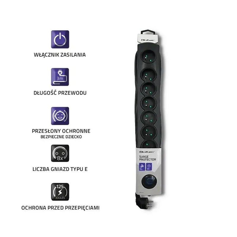 Listwa zasilająca antyprzepięciowa Qoltec 8 gniazd | 3m