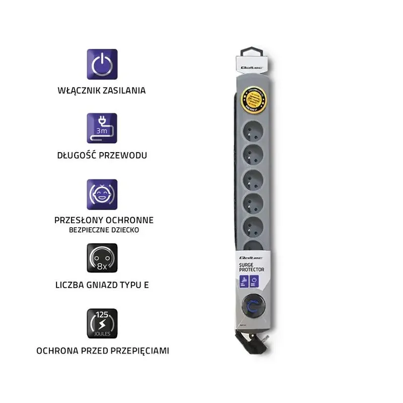 Listwa zasilająca antyprzepięciowa Qoltec Quick Switch | 8 gniazd | 3m |