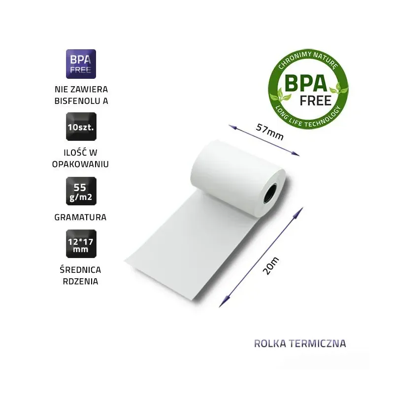 Rolka termiczna Qoltec 57 x 20 | 55g/m2 | 10szt. | BPA free