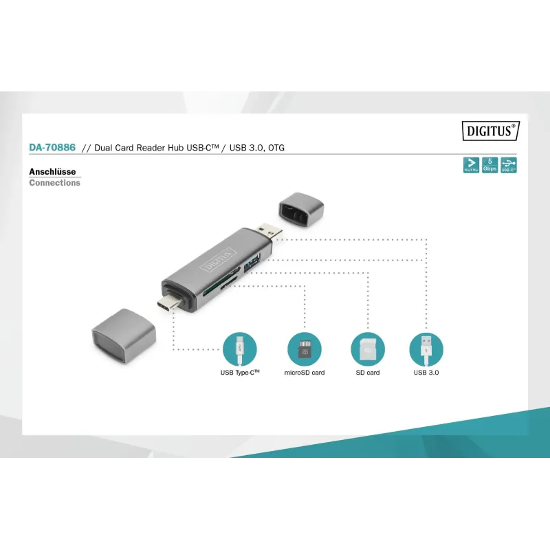 Czytnik kart DIGITUS 3-portowy USB Typ C/ USB 3.0 SuperSpeed SD Micro SD HQ