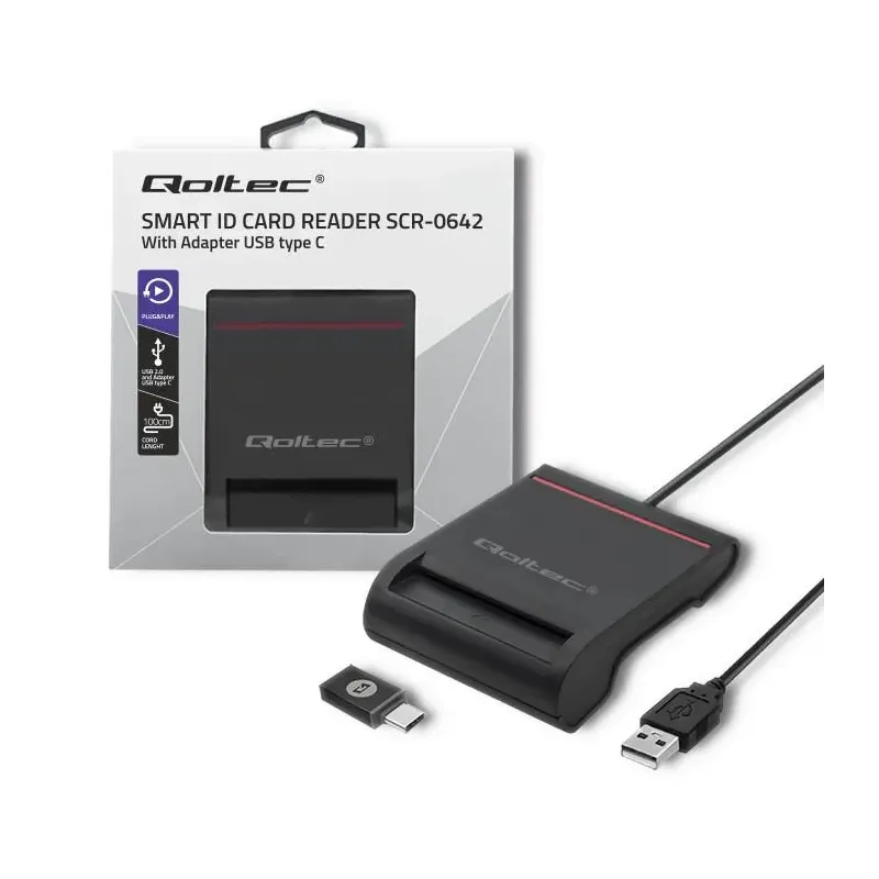 Czytnik kart chipowych ID Qoltec SCR-0642 | USB 2.0 + adapter USB-C