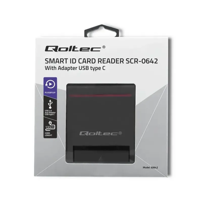 Czytnik kart chipowych ID Qoltec SCR-0642 | USB 2.0 + adapter USB-C