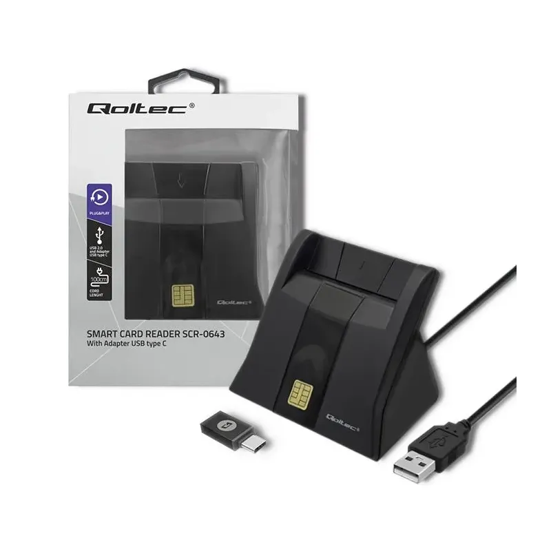 Czytnik kart chipowych ID Qoltec SCR-0643 | USB 2.0 + adapter USB-C