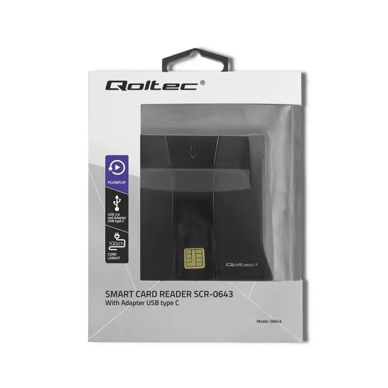 Czytnik kart chipowych ID Qoltec SCR-0643 | USB 2.0 + adapter USB-C