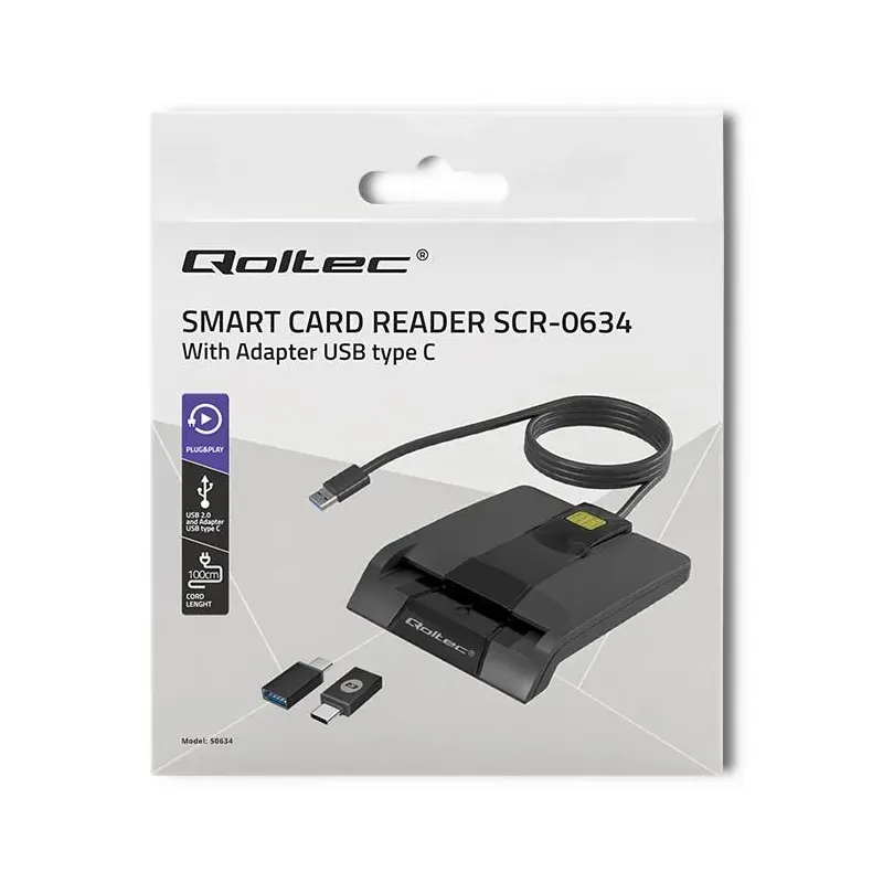 Czytnik kart chipowych ID Qoltec SCR-0634 | USB 2.0 + adapter USB-C