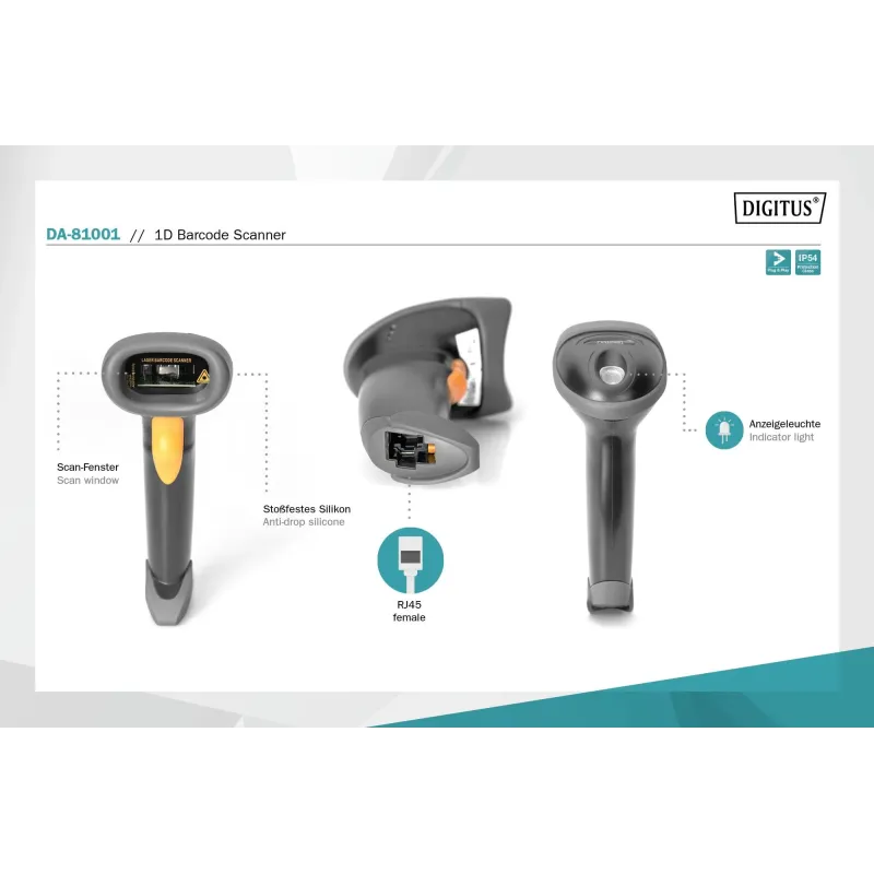 Czytnik kodów kreskowych DIGITUS przewodowy USB-RJ45 2m, 1D, stojak w