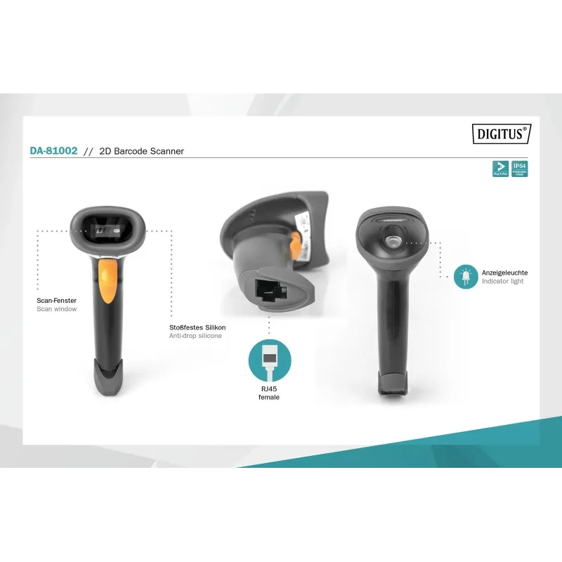 Czytnik kodów kreskowych DIGITUS przewodowy USB-RJ45 2m, 1D i 2D, zgodny z