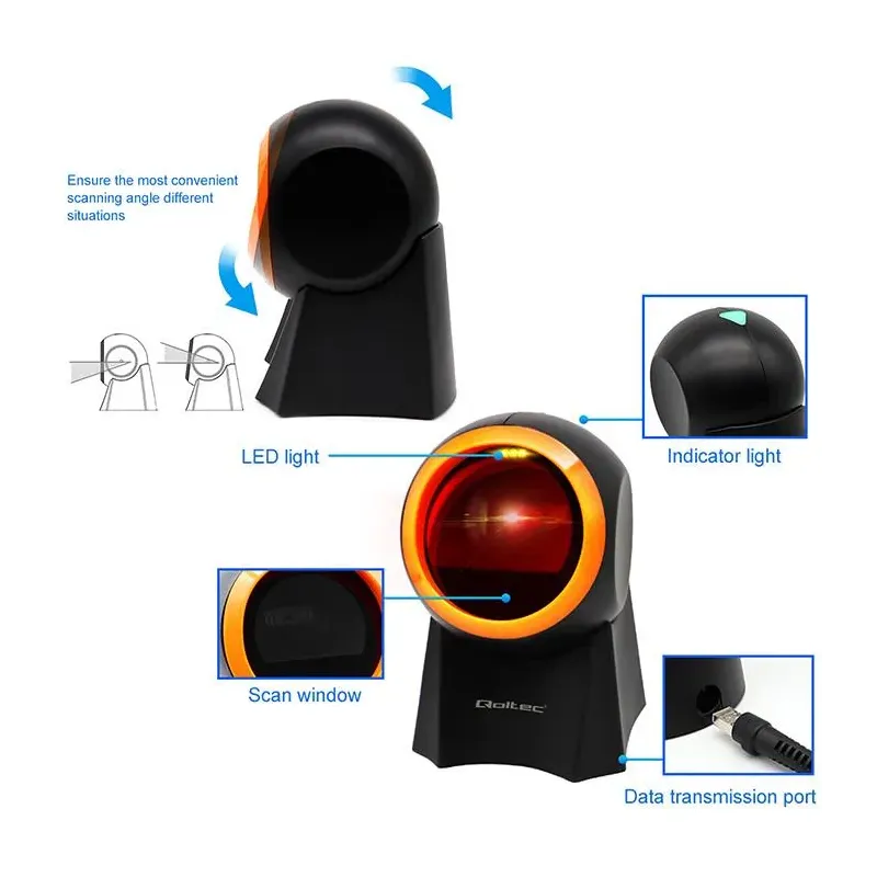 Czytnik kodów kreskowych Qoltec 1D | 2D | stacjonarny