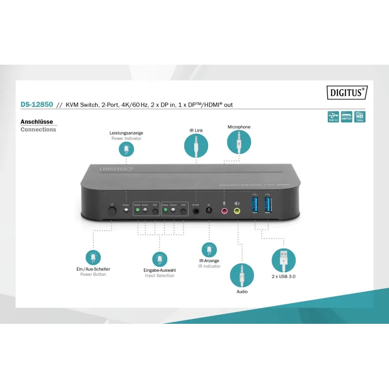 Przełącznik KVM DIGITUS 2 portowy DisplayPort do 1 port DP/HDMI 4K 60Hz