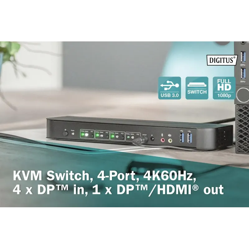 Przełącznik KVM DIGITUS 4 portowy DisplayPort do 1 port DP/HDMI 4K 60Hz
