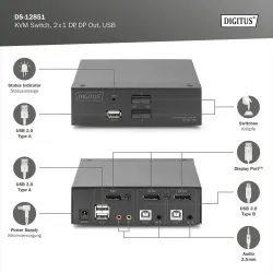 Przełącznik KVM DIGITUS 2 portowy DisplayPort, 4K 60Hz