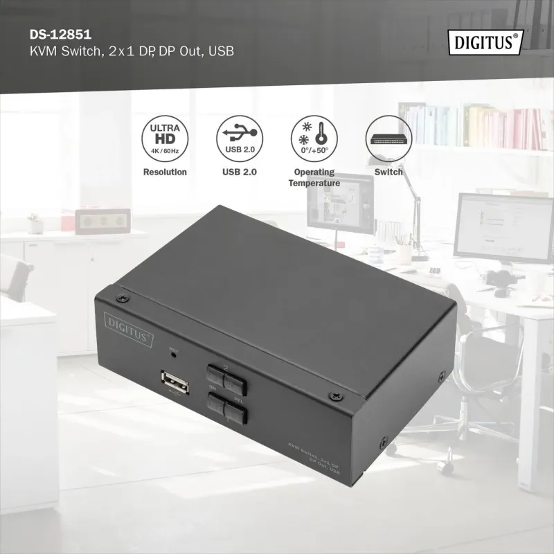 Przełącznik KVM DIGITUS 2 portowy DisplayPort, 4K 60Hz