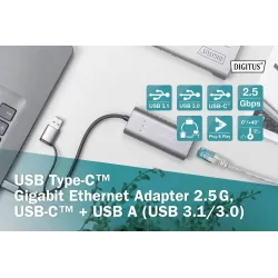 Karta sieciowa DIGITUS przewodowa USB 3.1 Typ C + USB A do 1x RJ45 2.5
