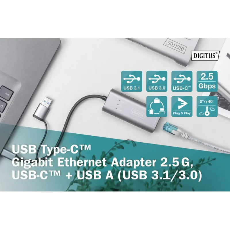 Karta sieciowa DIGITUS przewodowa USB 3.1 Typ C + USB A do 1x RJ45 2.5
