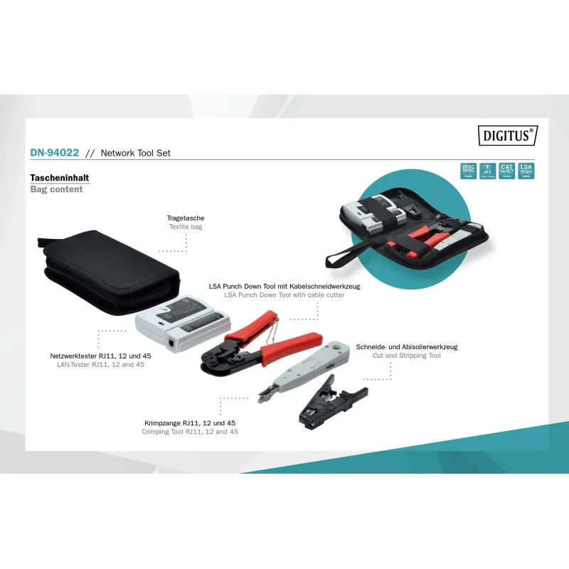 Zestaw narzędzi sieciowych DIGITUS DN-94022 z testerem okablowania