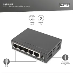 Switch niezarządzalny DIGITUS 5-portowy Gigabit Ethernet 10/100/1000 Mini