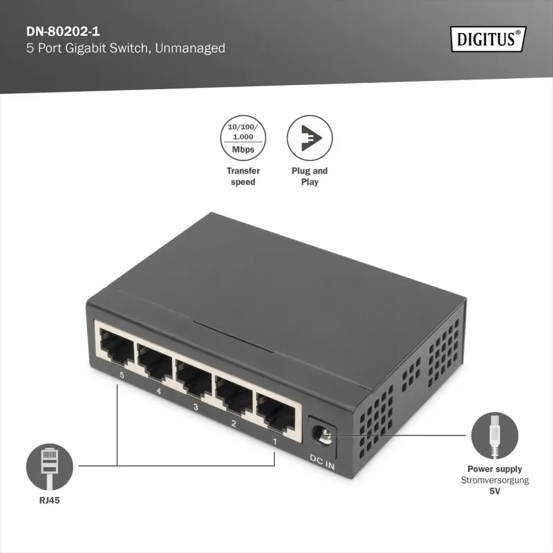 Switch niezarządzalny DIGITUS 5-portowy Gigabit Ethernet 10/100/1000 Mini