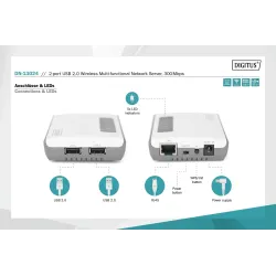 Serwer sieciowy DIGITUS wielofunkcyjny, bezprzewodowy 2-portowy, USB 2.0,