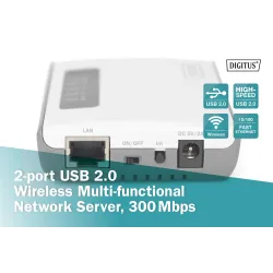 Serwer sieciowy DIGITUS wielofunkcyjny, bezprzewodowy 2-portowy, USB 2.0,