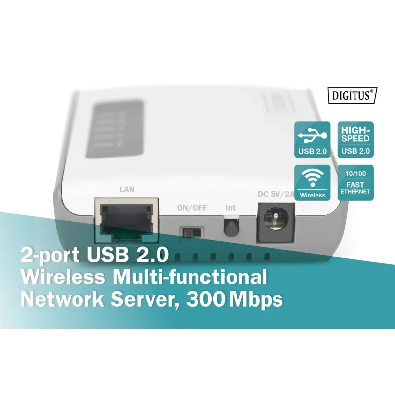 Serwer sieciowy DIGITUS wielofunkcyjny, bezprzewodowy 2-portowy, USB 2.0,
