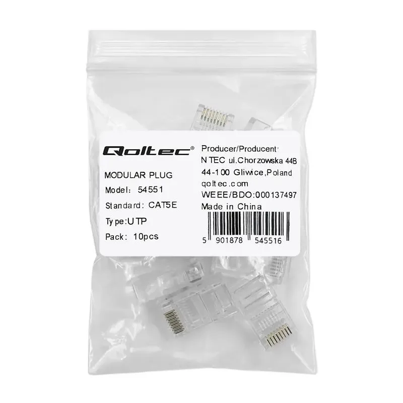 Wtyk QOLTEC złącze modularne RJ45 | CAT5e | UTP | Pozłacane styki | 10
