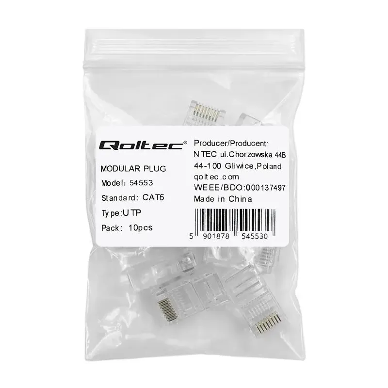 Wtyk QOLTEC złącze modularne RJ45 | CAT6 | UTP | Pozłacane styki | 10 sztuk