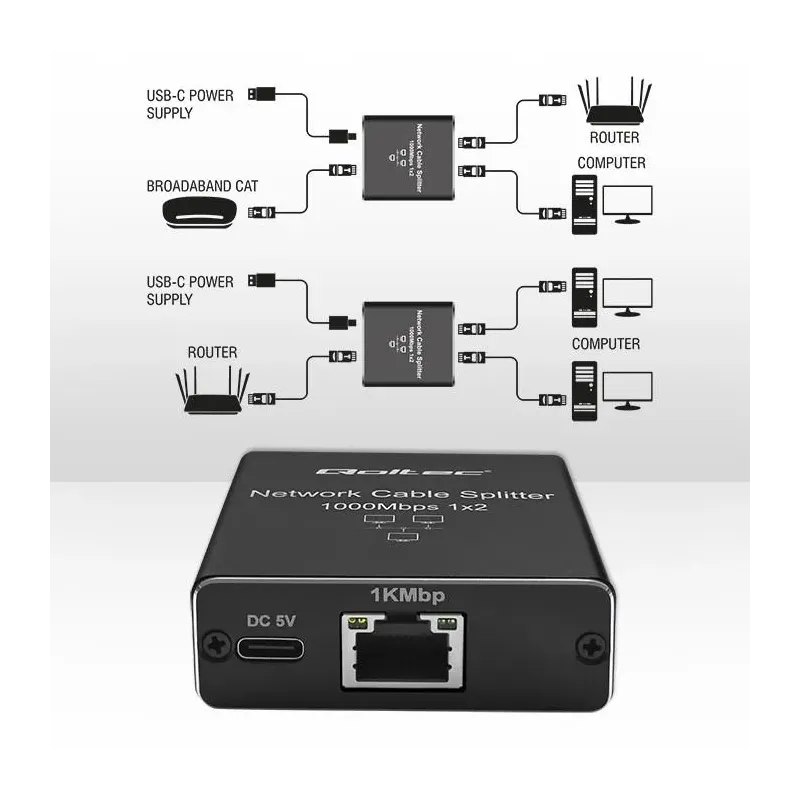 Switch niezarządzalny Qoltec mini rozdzielacz splitter 1x2 port RJ45 |