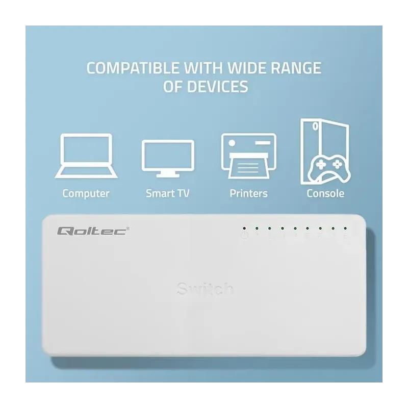 Switch niezarządzalny Qoltec przełącznik sieciowy 8 x port RJ45 | 100Mbps |