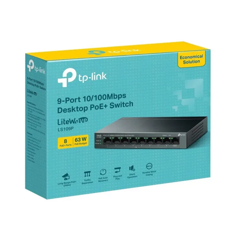 Switch niezarządzalny TP-Link LS109P 9x100 8x PoE+ 63W | PartsPC.pl