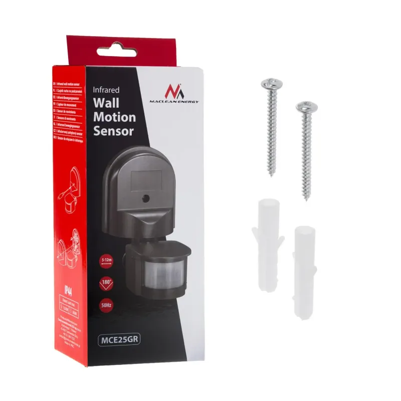 Czujnik ruchu i zmierzchu ścienny Maclean, 180°, max. 1200W, szary, MCE25